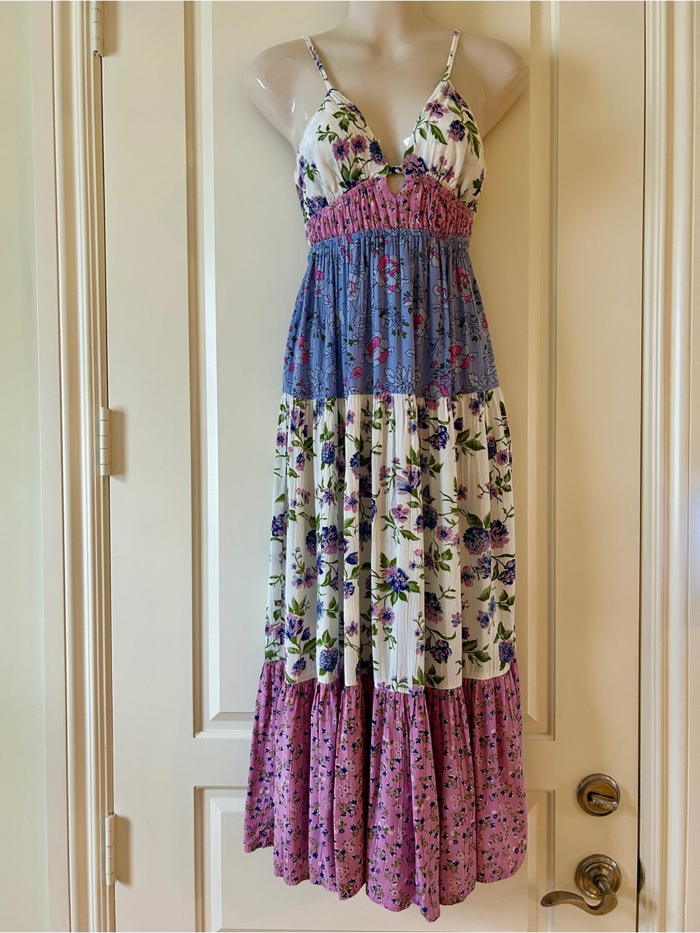 ANGIE Pink, Blue, White Floral Tiered Maxi Dress, Cutout, Tie-Back, Size S, New